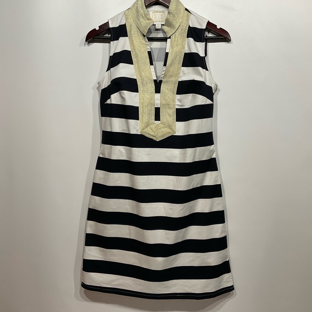 STS Sail to Sable navy & white striped dress gold collar & neckline, side zip XS - Picture 1 of 16